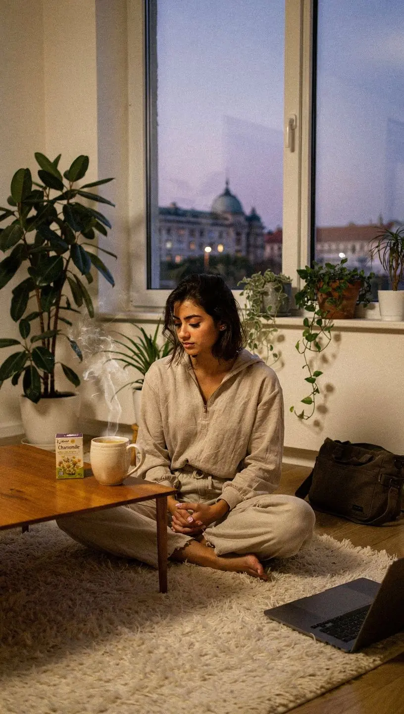 Kellemes színű kamillás tea, friss virágokkal díszítve, természetes mézzel.