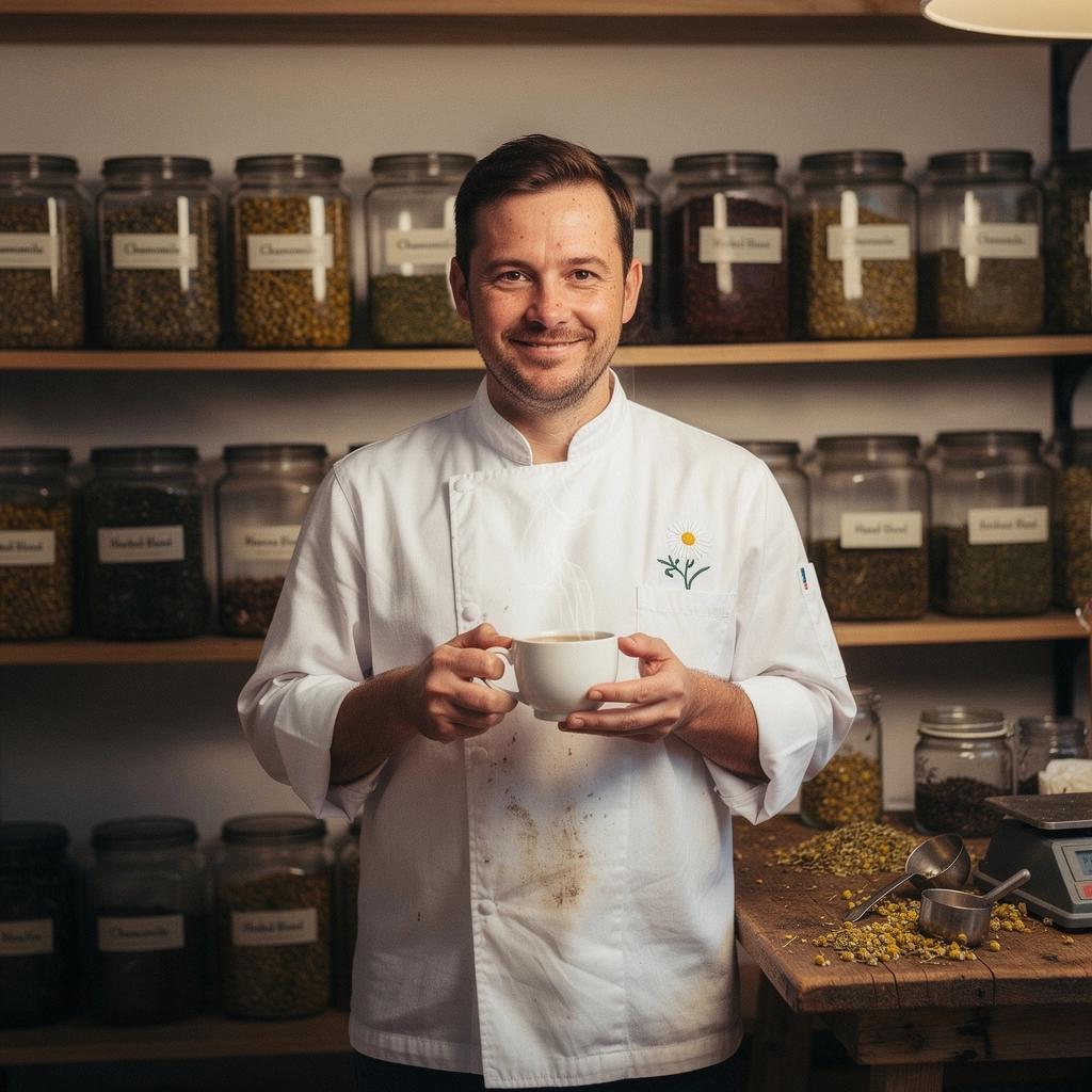 Kamilla virágokból készült teáscsésze, mellette egy mézes üveg.