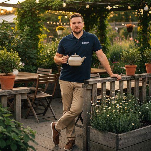 Virágos tea keverék színes virágokkal, háttérben egy nyugodt táj.