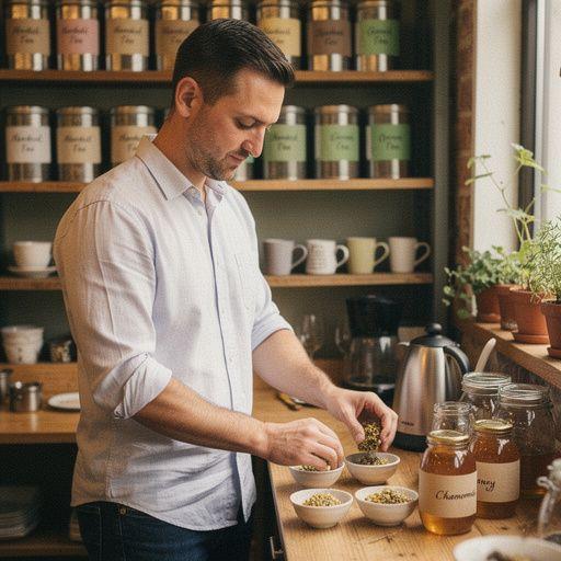 Teáskanál és kamillavirágok a tálcán, a relaxációt sugallva.